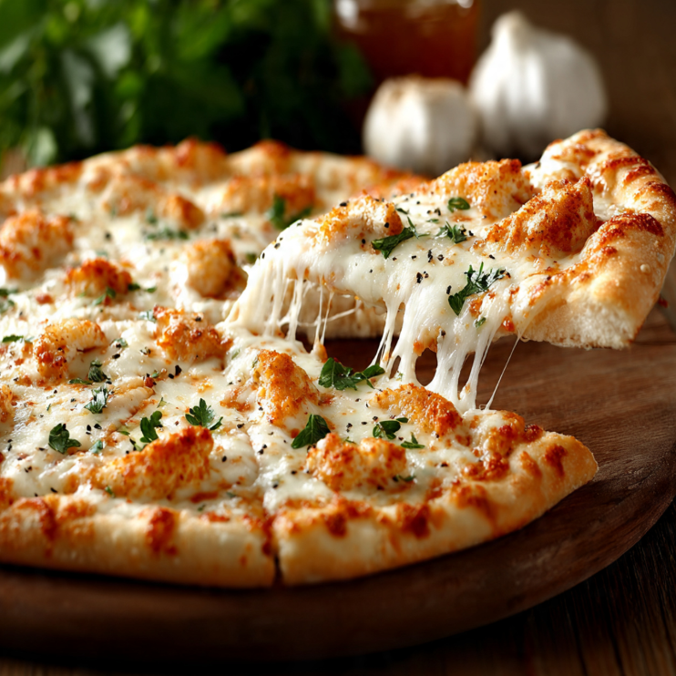 Spicy honey garlic chicken pizza with glossy sauce drizzle, melted cheese pull, sesame seeds, cilantro, and visible chicken pieces on wooden board