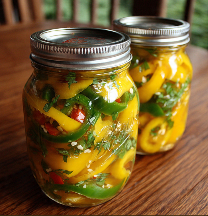 Glass mason jars filled with bright yellow pickled banana pepper rings in clear brine with garlic, peppercorns, and bay leaves visible
