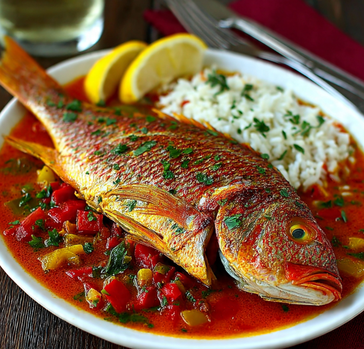 Pan-seared red snapper fillet with crispy skin topped with creamy Creole sauce featuring bell peppers, onions, and herbs on white plate