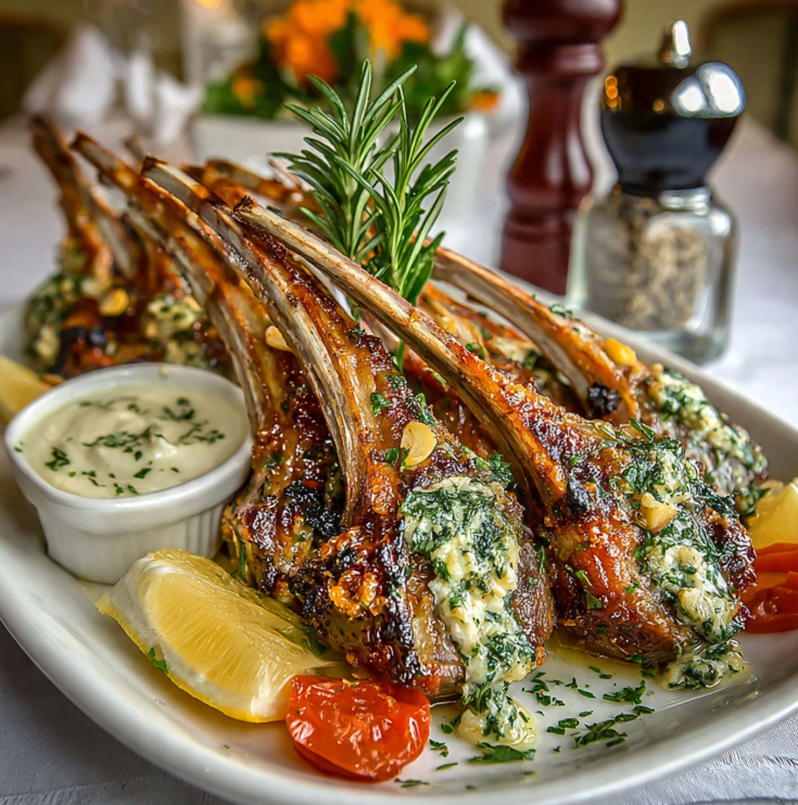 Golden-brown garlic Parmesan fried lamb chops with crispy coating, fresh herbs, and lemon wedges on white serving platter