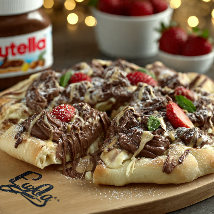 Whole dessert pizza with Nutella spread, fresh sliced strawberries, powdered sugar dusting on wooden pizza board with slice being pulled