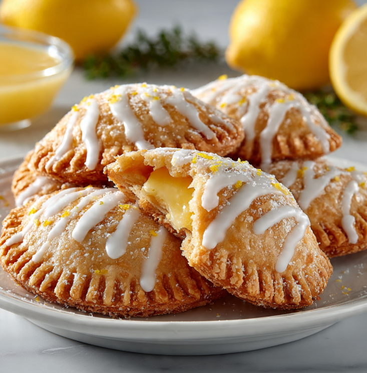 Golden lemon puff pastry turnovers with white glaze drizzle, flaky layers visible, lemon zest garnish on white serving platter