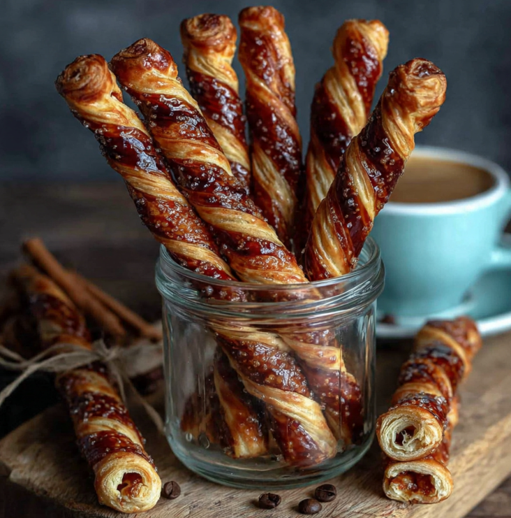 Golden-brown puff pastry cinnamon sugar twists with caramelized coating standing upright in glass jar on wooden surface