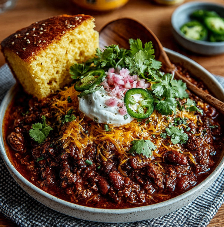 Hearty ground beef stovetop chili in white bowl topped with melted cheese, sour cream, jalapeños, and cilantro with cornbread