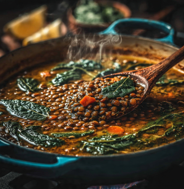 Dutch oven with simmering lentil soup showing vegetables and lentils cooking, wooden spoon stirring, steam rising