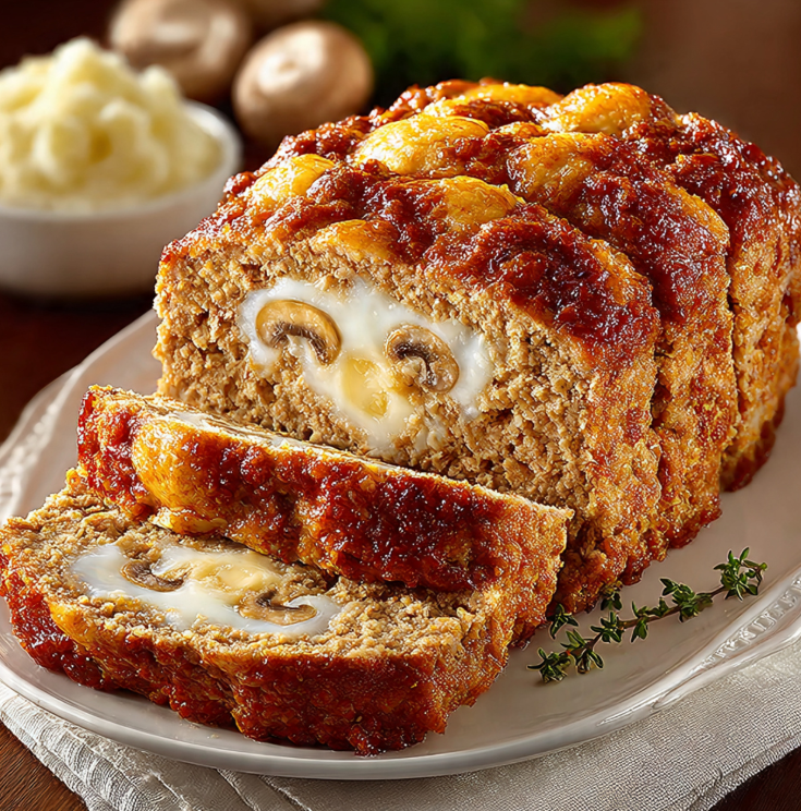 Sliced mushroom Swiss cheese meatloaf showing melted cheese pockets, sautéed mushrooms, glossy glaze on white platter with mashed potatoes
