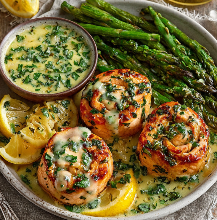 Freshly baked lemon basil salmon rolls plated elegantly with roasted asparagus and lemon wedges, a healthy gourmet dinner.