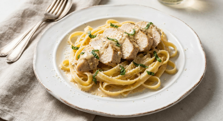 Creamy garlic chicken plated with pasta and fresh herbs