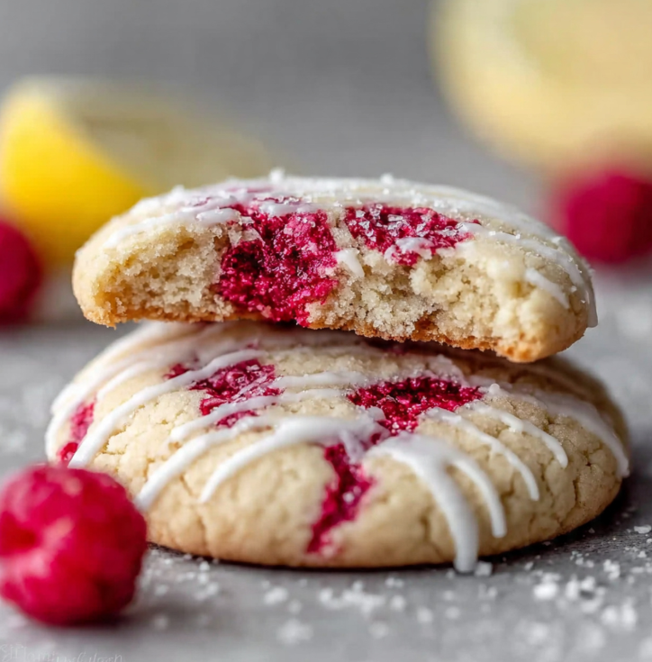 A close-up of a broken lemon raspberry cookie on a white plate, revealing a soft, chewy interior with pockets of red raspberry and drizzled with white lemon glaze.