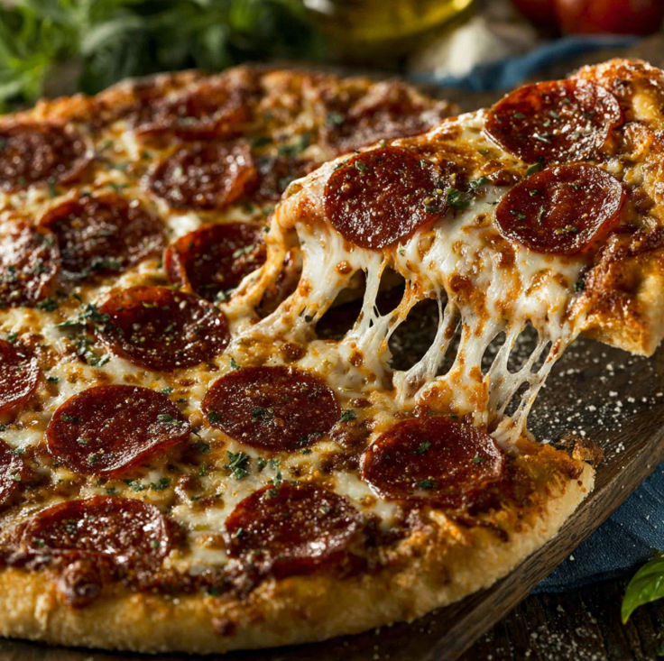 Closeup of gooey cheese stretch on homemade pepperoni pizza slice with spicy toppings and crispy base