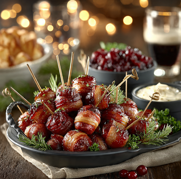 Golden crispy bacon wrapped Little Smokies fresh from oven with caramelized glaze and charred edges
