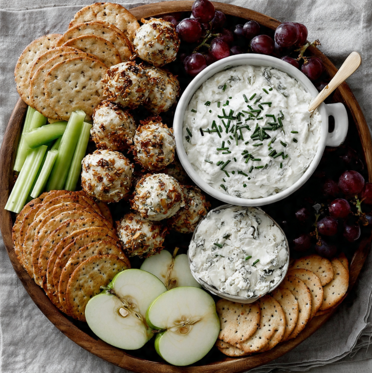 Assorted mini bacon ranch cheeseballs on charcuterie platter with crackers and dips