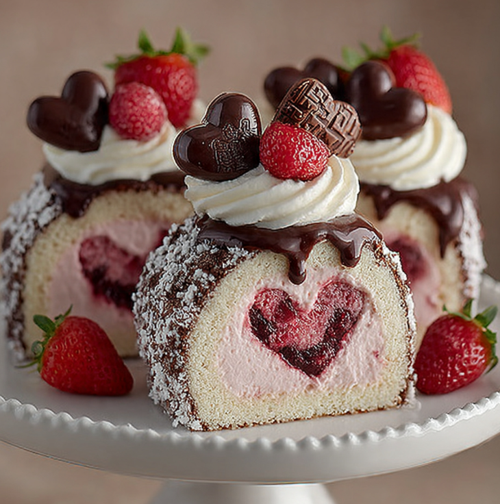 Sliced Heart-Shaped Swiss Roll with Cream