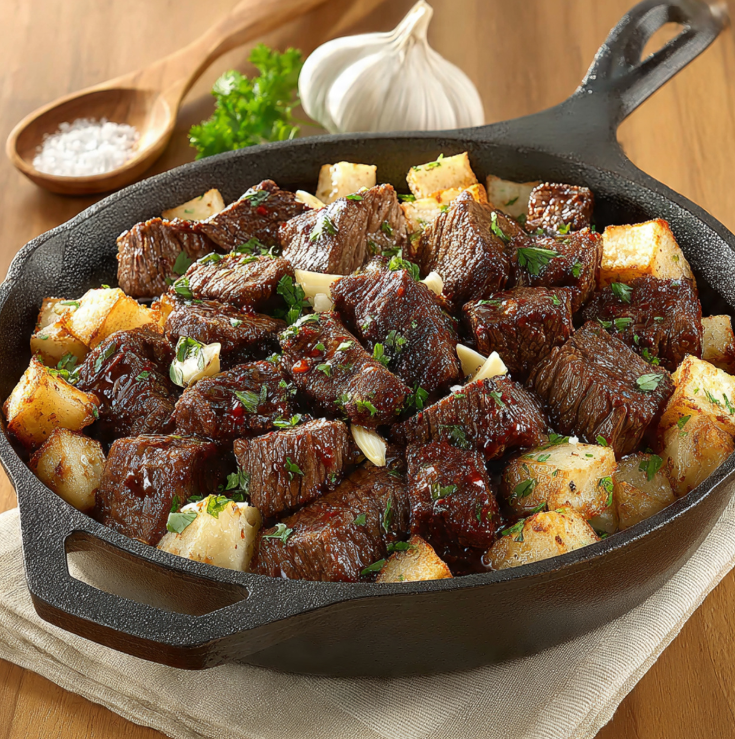 Close-up of juicy garlic butter steak bites with golden potatoes