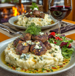 Garlic butter steak bites with mashed potatoes served as a cozy dinner