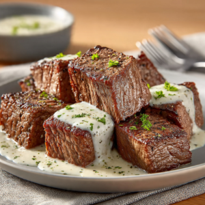 Plate of garlic butter steak bites topped with creamy Parmesan sauce