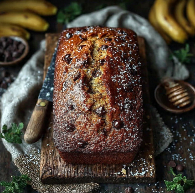 Freshly baked super moist chocolate chip banana bread loaf on a wooden board
