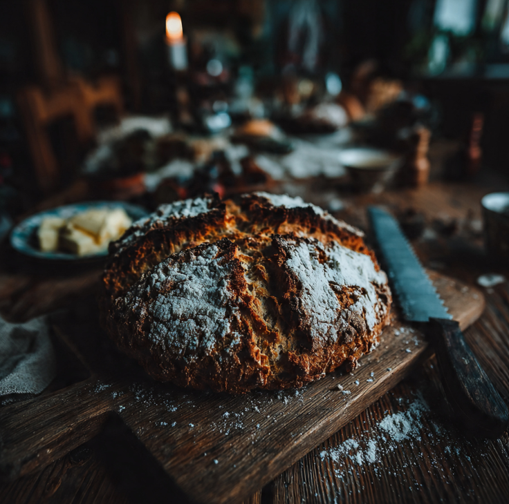 Golden traditional Irish soda bread loaf on a wooden cutting board
