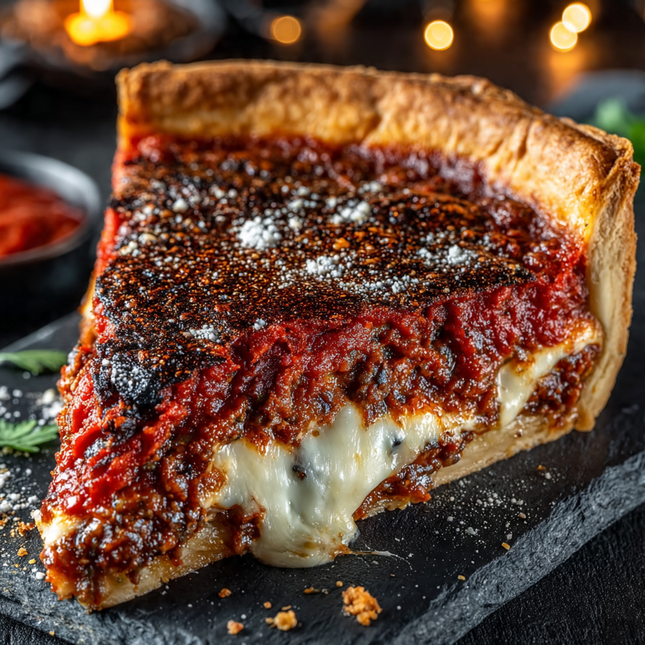 Close-up of crispy golden crust on authentic Chicago deep dish pizza