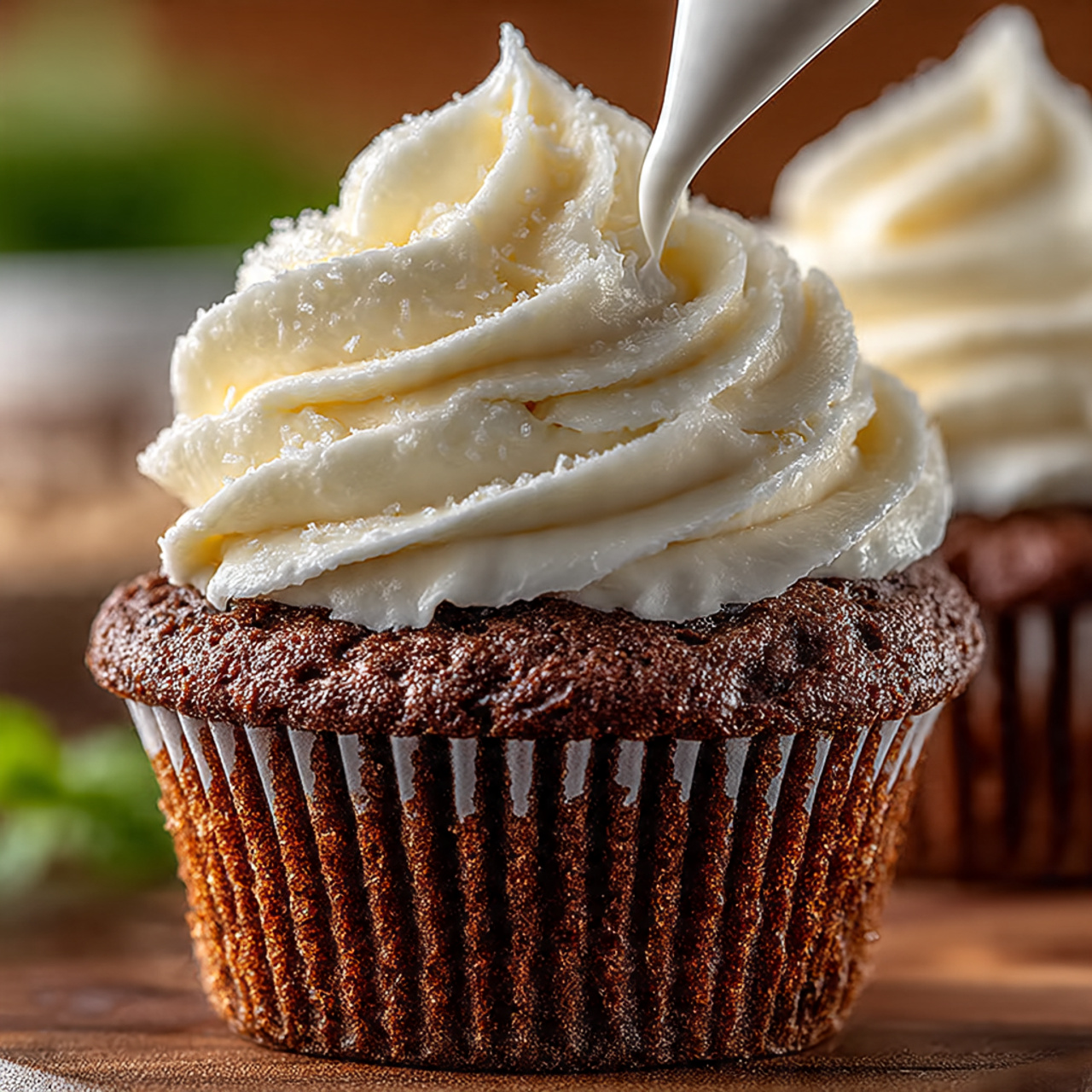 A close-up shot of a hand piping a perfect swirl of white buttercream frosting onto a chocolate cupcake with a star-shaped piping tip