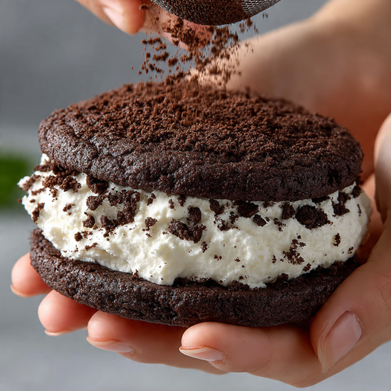 An overhead shot of a hand dusting a finished tiramisu sandwich cookie with dark cocoa powder using a small sieve.